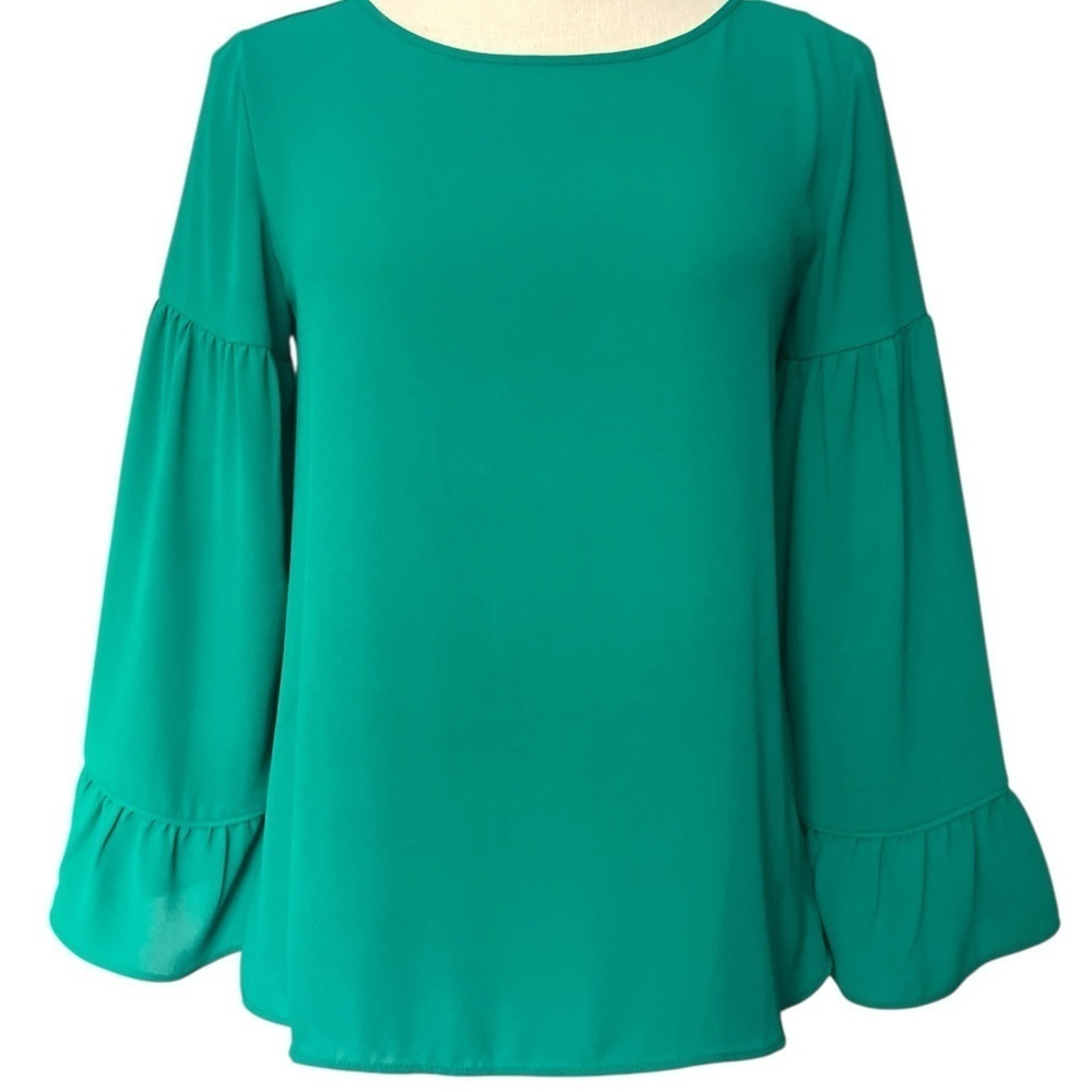 LOFT Green Bell Sleeve Blouse Relaxed Tiered Style